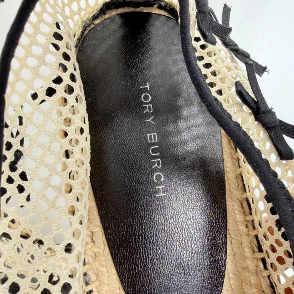 Tory Burch Mesh Bow Espadrille Flats Cream Black Womens 9M Slip On Shoes